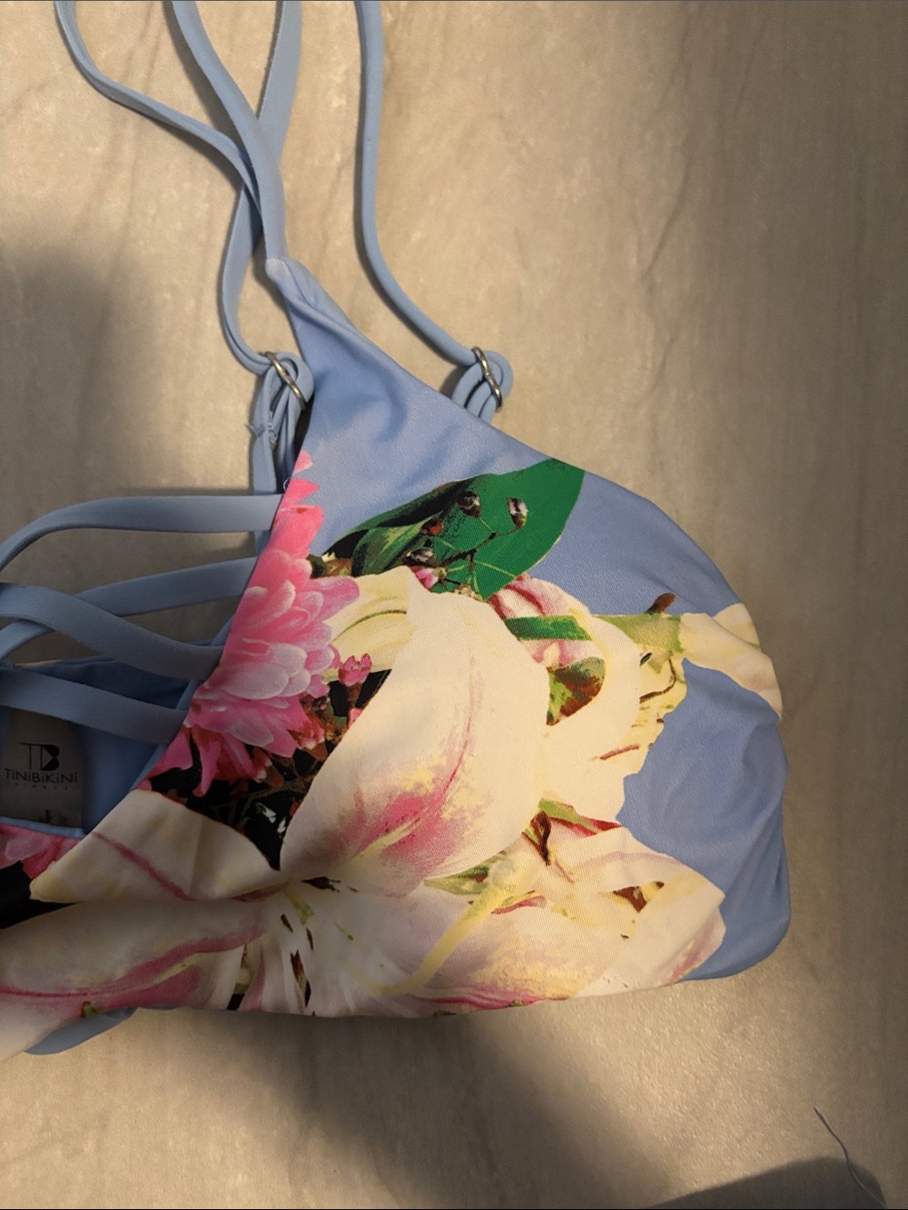 Women’s TiniBikini Light Blue Floral Strappy Two-Piece High Rise Bottoms - Picture 9 of 10